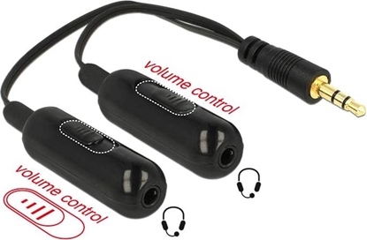 Attēls no Delock Adapter Cable audio splitter stereo jack male 3.5 mm 3 pin > 2 x stereo jack female 3.5 mm 3 pin + Volume control 19 cm