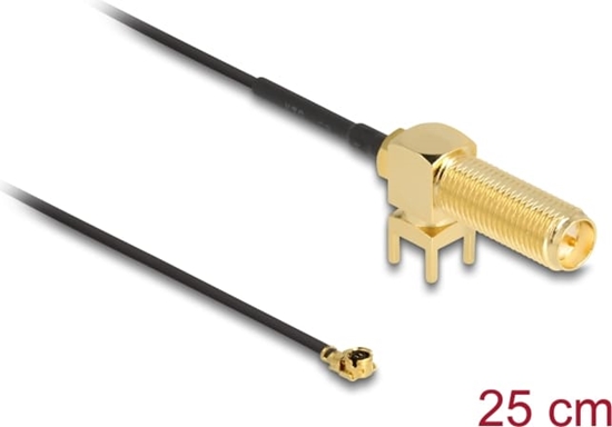 Picture of Delock Antenna Cable RP-SMA 90° PCB jack bulkhead to I-PEX Inc., MHF® I plug 1.13 25 cm thread length 15 mm