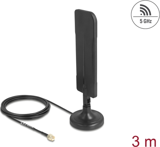 Picture of Delock Antenna WiFi 5.8 GHz RP-SMA plug 3 dBi omnidirectional with connection cable RG-174 3 m with tilt joint with magnetic base black
