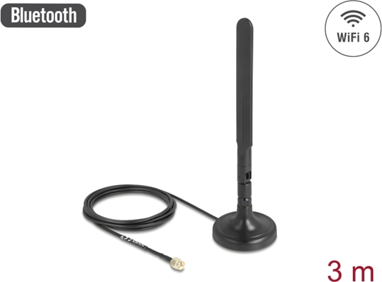 Picture of Delock Antenna WiFi 6 RP-SMA plug 3 dBi omnidirectional with connection cable RG-174 3 m with tilt joint with magnetic base black