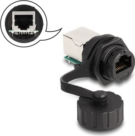Picture of Delock Cable Connector RJ50 jack to RJ50 jack for installation with protective cap IP68 dust and waterproof black