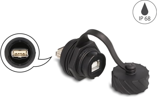 Изображение Delock Cable Connector USB 2.0 Type-B female to USB 2.0 Type-A female for installation with bayonet protective cap IP68 dust- and waterproof black