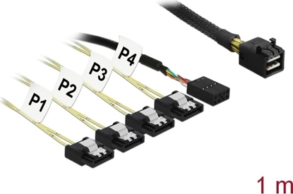 Picture of Delock Cable Mini SAS HD SFF-8643 > 4 x SATA 7 pin Reverse + Sideband 1 m