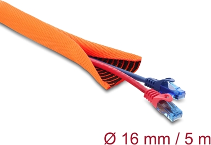 Picture of Delock Cable Protection Sleeve with black Wear Warning indicator self-closing double-layered 5 m x 16 mm orange