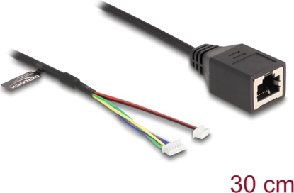 Picture of Delock Cable RJ45 jack to pin header female 1.25 mm 4 pin and pin header female 1.25 mm 6 pin Cat.5e 30 cm black