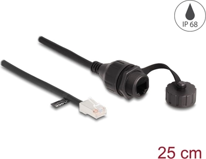 Picture of Delock Cable RJ45 male to RJ45 female for built-in with sealing cap Cat.5e FTP IP68 dust and waterproof 25 cm black