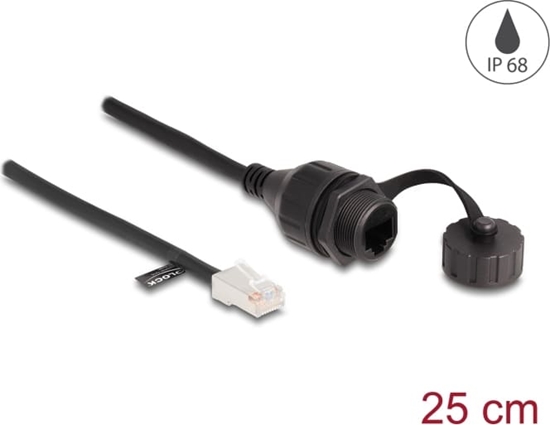 Picture of Delock Cable RJ45 male to RJ45 female for built-in with sealing cap Cat.5e FTP IP68 dust and waterproof 25 cm black