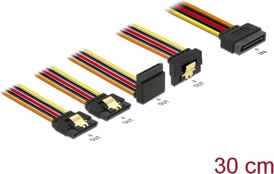 Picture of Delock Cable SATA 15 pin power plug with latching function > SATA 15 pin power receptacle 2 x straight / 1 x down / 1 x up 30 cm
