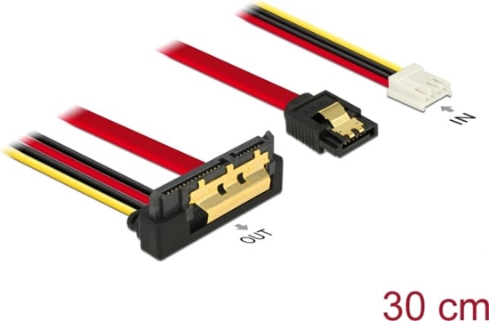 Picture of Delock Cable SATA 6 Gb/s 7 pin receptacle + Floppy 4 pin power female > SATA 22 pin receptacle downwards angled metal 30 cm