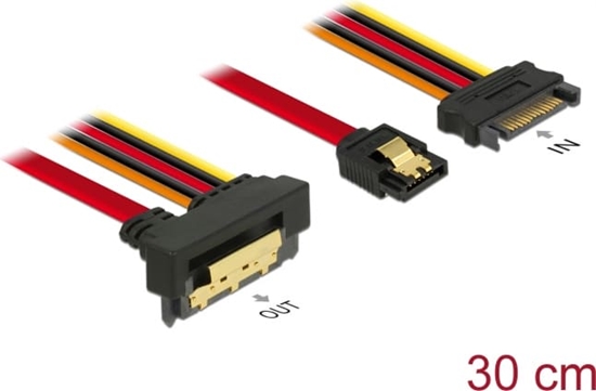 Picture of Delock Cable SATA 6 Gb/s 7 pin receptacle + SATA 15 pin power plug > SATA 22 pin receptacle downwards angled metal 30 cm
