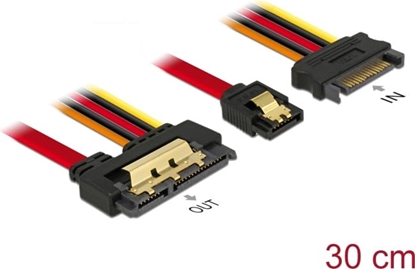 Picture of Delock Cable SATA 6 Gb/s 7 pin receptacle + SATA 15 pin power plug > SATA 22 pin receptacle straight metal 30 cm