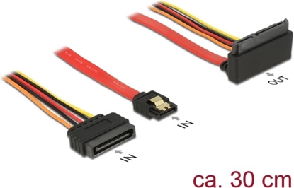 Picture of Delock Cable SATA 6 Gb/s 7 pin receptacle + SATA 15 pin power plug > SATA 22 pin receptacle upwards angled metal 30 cm
