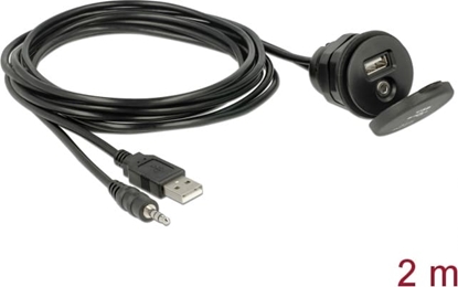 Picture of Delock Cable USB Type A male + 3.5 mm 4 pin stereo jack male > female bulkhead with closure cap USB Type A female + 3.5 mm 4 pin female (audio) 2 m black
