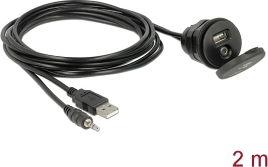 Picture of Delock Cable USB Type A male + 3.5 mm 4 pin stereo jack male > female bulkhead with closure cap USB Type A female + 3.5 mm 4 pin female (audio) 2 m black