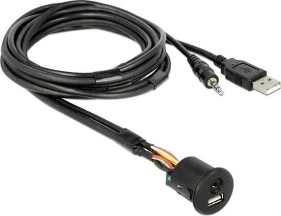 Picture of Delock Cable USB Type-A male + 3.5 mm 4 pin stereo jack male > female bulkhead USB Type-A female + 3.5 mm 4 pin female (audio) 1.5 m black