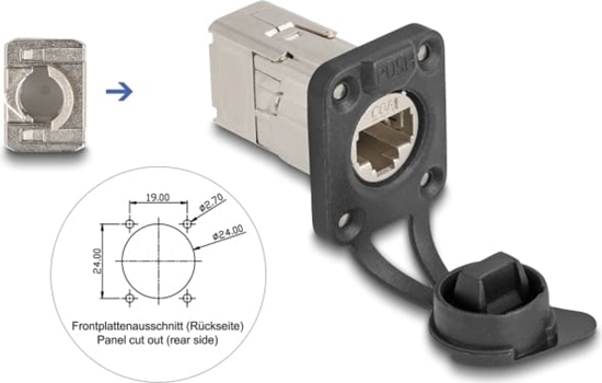 Изображение Delock D-Type RJ45 built-in connector with LSA connection Cat.6A STP with protective cap IP66 dust and waterproof
