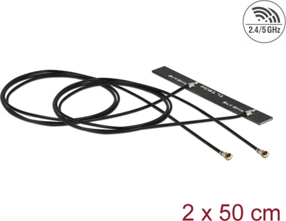 Изображение Delock Dual Band WLAN WiFi 6 Twin Antenna 2 x I-PEX Inc., MHF® 4L plug 3 - 5 dBi 1.13 2 x 50 cm PCB internal self adhesive