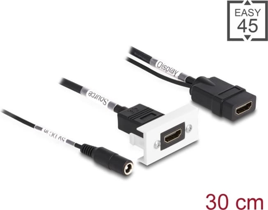 Изображение Delock Easy 45 HDMI 4K 60 Hz Module with DC feed 2.1 x 5.5 mm and pigtail,22.5 x 45 mm