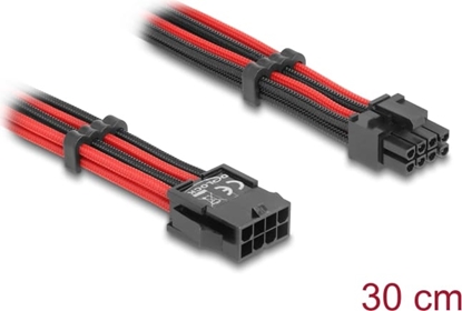 Изображение Delock Extension Cable 8 pin male to 6 + 2 pin PCIe female textile shielding red-black 30 cm
