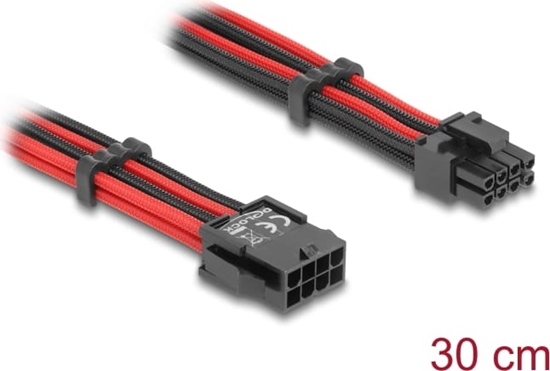 Изображение Delock Extension Cable 8 pin male to 6 + 2 pin PCIe female textile shielding red-black 30 cm