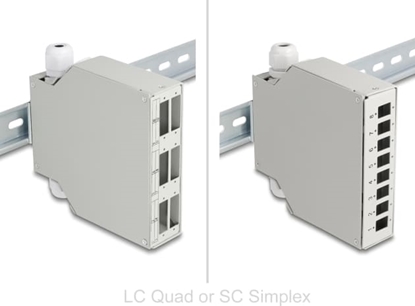 Изображение Delock Fiber Optic Patch Panel 6 port for SC Duplex and LC Quad with alternative panel for 8 x SC Simplex or LC Duplex grey for DIN rail mounting - horizontally or vertically mounted