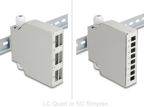 Изображение Delock Fiber Optic Patch Panel 6 port for SC Duplex and LC Quad with alternative panel for 8 x SC Simplex or LC Duplex grey for DIN rail mounting - horizontally or vertically mounted