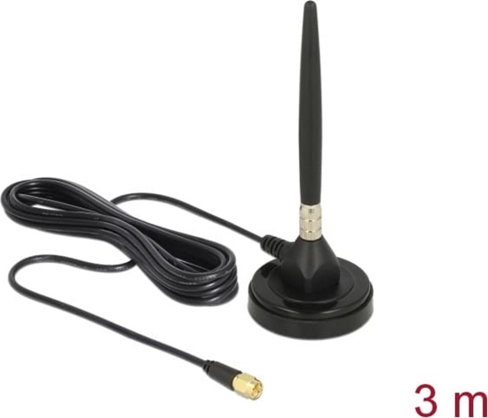 Изображение Delock GSM Antenna SMA plug screw mounting 3 dBi fixed omnidirectional with magnetic base and connection cable RG-174 3 m outdoor black