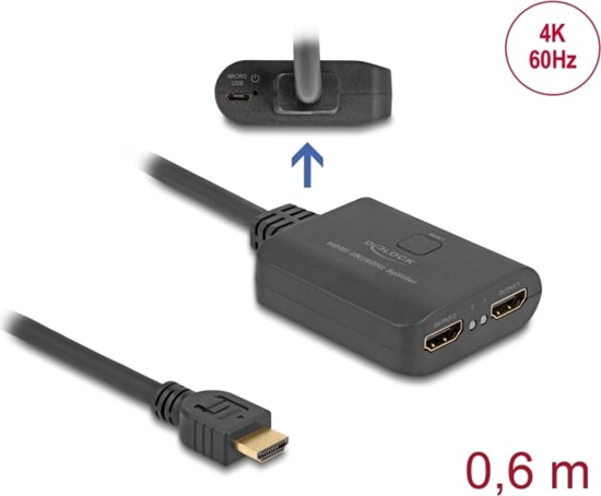 Picture of Delock HDMI Splitter 1 x HDMI in to 2 x HDMI out 4K 60 Hz with downscaler