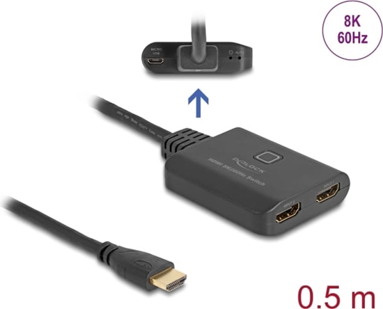 Picture of Delock HDMI Switch 2 x HDMI in to 1 x HDMI out 8K 60 Hz with integrated cable 50 cm
