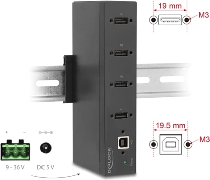Picture of Delock Industry Hub 4 x USB 2.0 Type-A with 15 kV ESD protection and DIN rail mounting