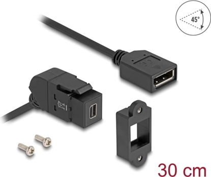 Picture of Delock Keystone Module Mini DisplayPort panel mount female to DisplayPort female 45° angled with 30 cm cable 8K 30 Hz black