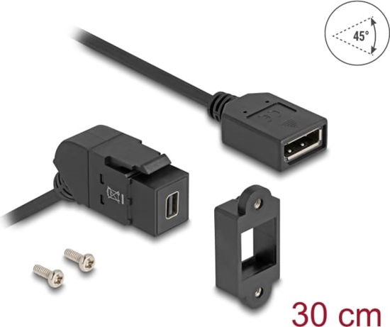 Picture of Delock Keystone Module Mini DisplayPort panel mount female to DisplayPort female 45° angled with 30 cm cable 8K 30 Hz black