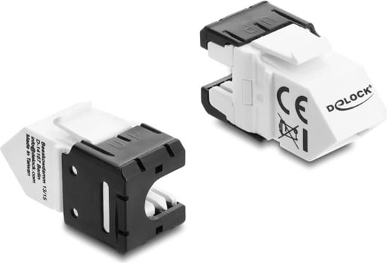 Picture of Delock Keystone Module RJ45 jack to LSA Cat.6A 45° angled connector, unshielded, 180° cable routing tool-free black / white