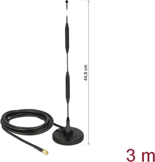 Picture of Delock LTE Antenna SMA plug 5 dBi 44.9 cm fixed omnidirectional with magnetic base and connection cable RG-58 3 m outdoor black