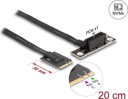 Picture of Delock M.2 Key A+E to PCIe x1 NVMe Adapter angled with 20 cm cable