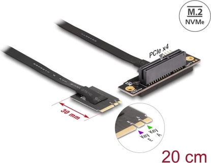 Picture of Delock M.2 Key A+E to PCIe x4 NVMe Adapter angled with 20 cm cable