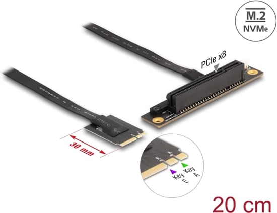 Picture of Delock M.2 Key A+E to PCIe x8 NVMe Adapter angled with 20 cm cable