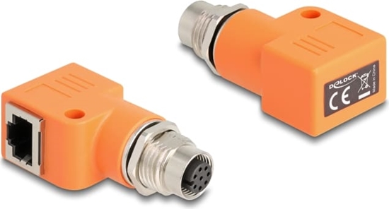 Picture of Delock M12 Adapter A-coded 8 pin female to RJ45 jack Cat.5e with mounting hole 90° angled orange