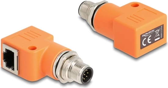 Picture of Delock M12 Adapter A-coded 8 pin male to RJ45 jack Cat.5e with mounting hole 90° angled orange