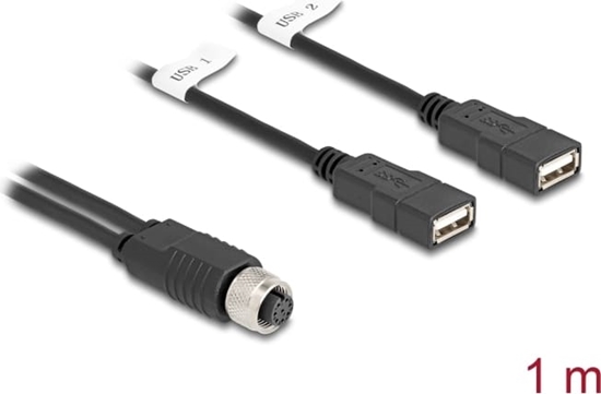 Picture of Delock M12 Cable A-coded 8 pin female to 2 x USB 2.0 Type-A female 1 m black