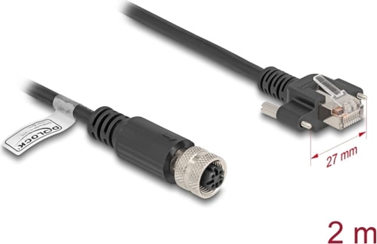 Picture of Delock M12 Cable D-coded 4 pin female to RJ45 plug with screws Cat.5e FTP 2 m black