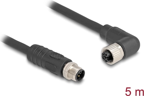 Picture of Delock M12 Cable L-coded 4 pin male straight to female right angled PUR suitable for drag chains 5 m black