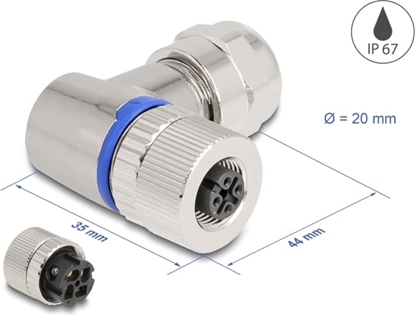 Picture of Delock M12 Connector A-coded 4 pin female for mounting with screw connection 90° angled metal