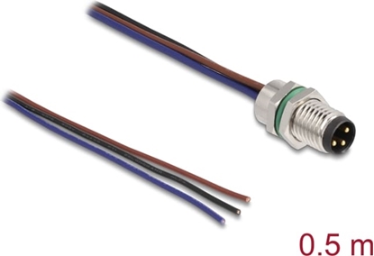 Attēls no Delock M8 panel-mount cable A-coded 3 pin male for panel with open cable ends front mounting 0.5 m