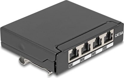 Picture of Delock Mini Desktop Patch Panel RJ45 jack 4 port Cat.6A shielded black - for mounting on a table, wall or DIN rail