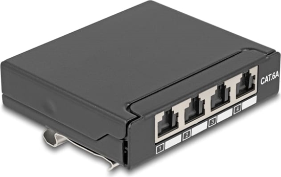 Picture of Delock Mini Desktop Patch Panel RJ45 jack 4 port Cat.6A shielded black - for mounting on a table, wall or DIN rail