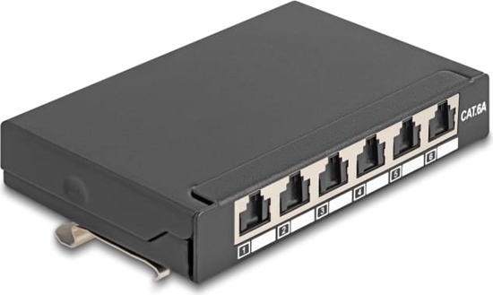 Picture of Delock Mini Desktop Patch Panel RJ45 jack 6 port Cat.6A shielded black - for mounting on a table, wall or DIN rail