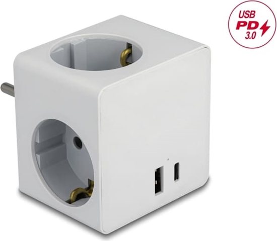 Picture of Delock Multi Socket Cube 3-way with childproof lock and USB PD 3.0 charger 20 W white