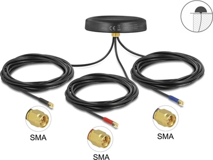 Picture of Delock Multiband LTE-MIMO UMTS GSM GNSS Antenna 3 x SMA plug omnidirectional roof mount black outdoor