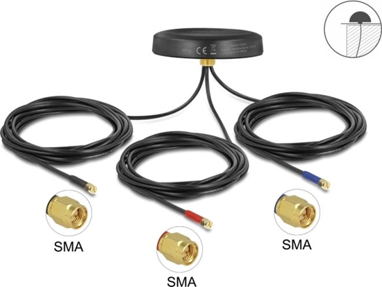 Picture of Delock Multiband LTE-MIMO UMTS GSM GNSS Antenna 3 x SMA plug omnidirectional roof mount black outdoor